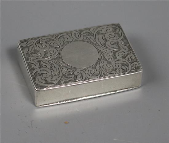 A late Victorian engraved silver snuff box by George Unite, Chester 1898, 48mm.